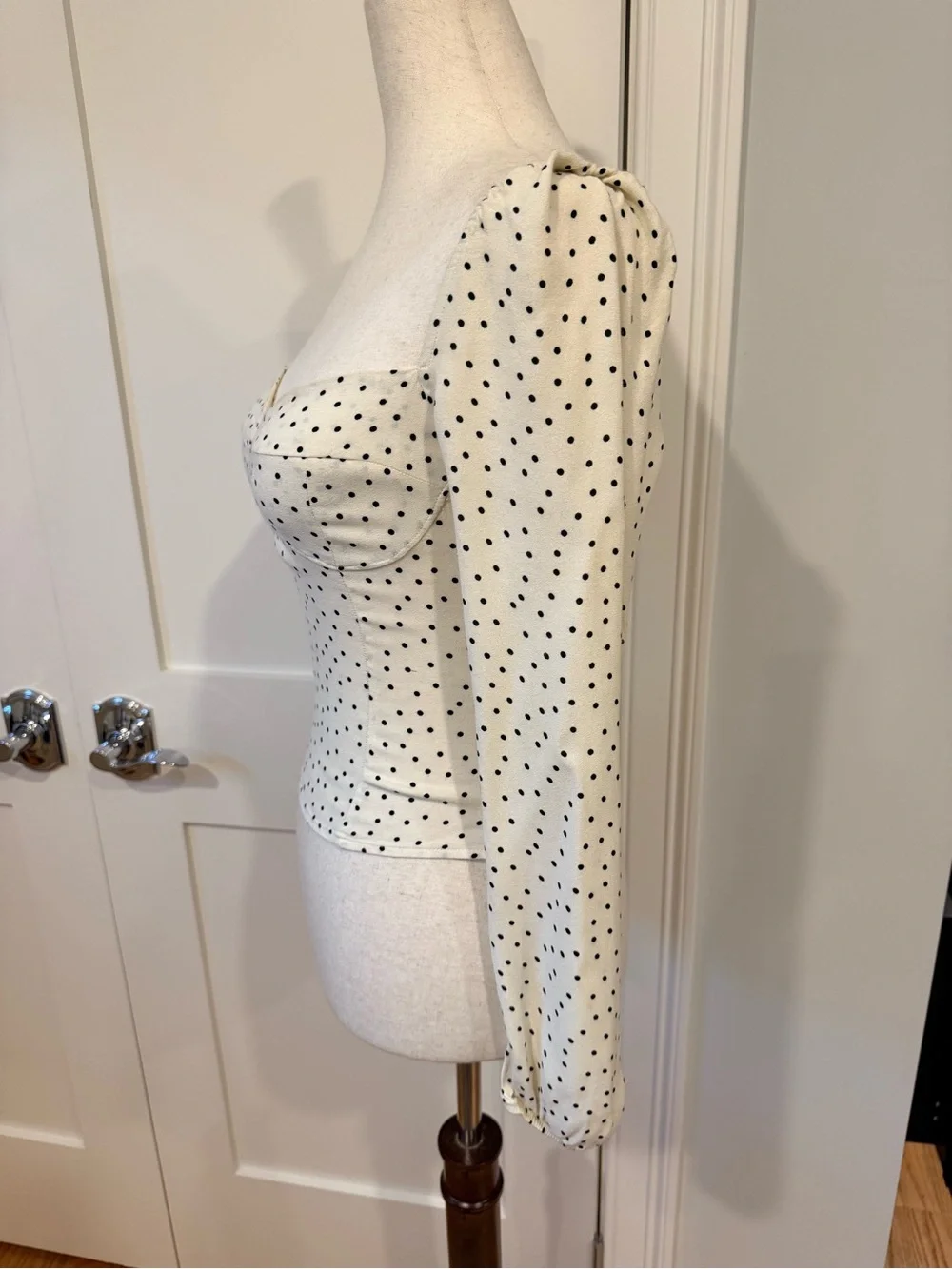 Reformation Reign Cream Polka Dot Sweetheart Long Sleeve Top